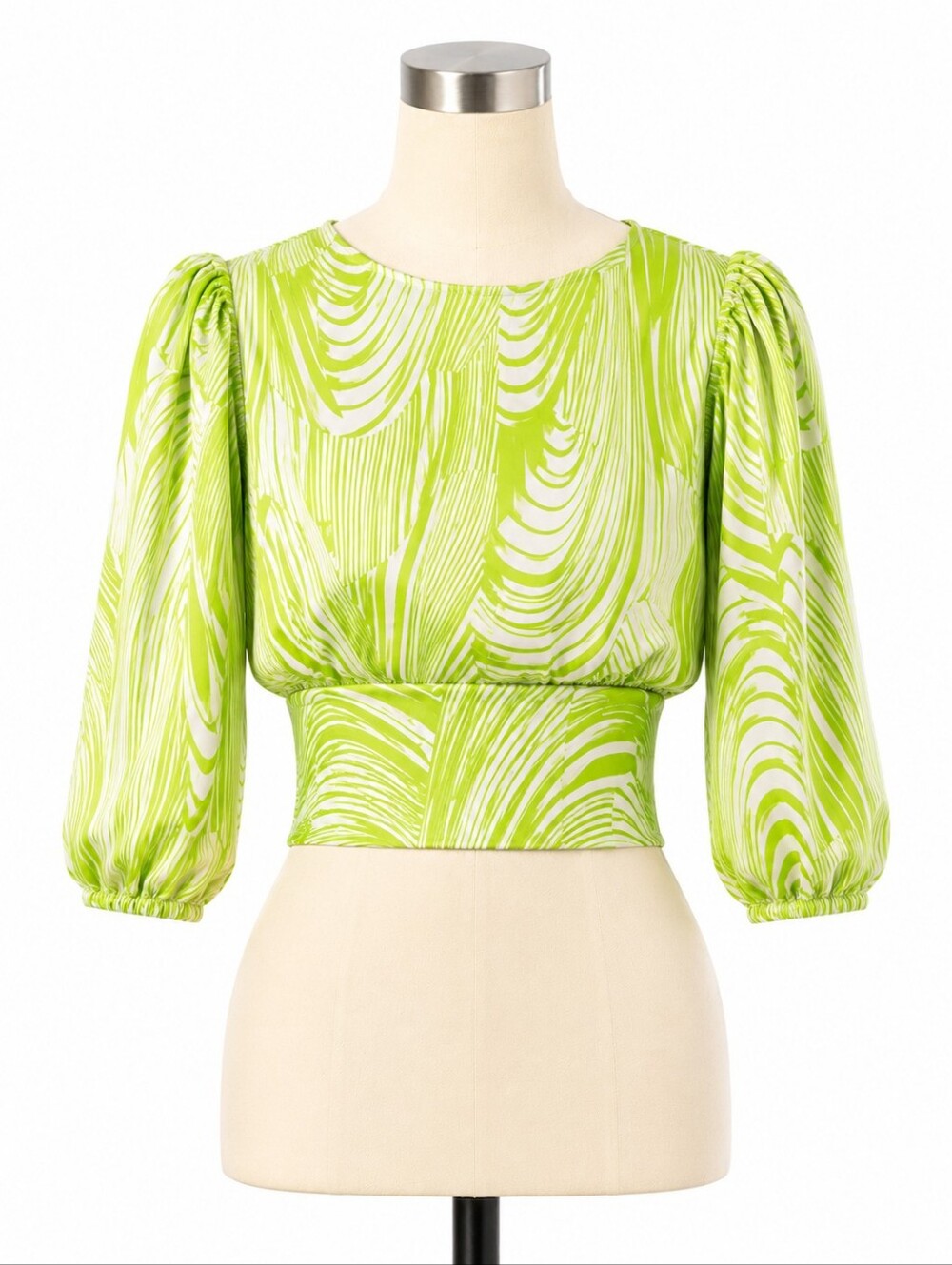 Express Green Print Satin Fitted Open Back Blouse S Party Glam Indie Sleeze Y2K